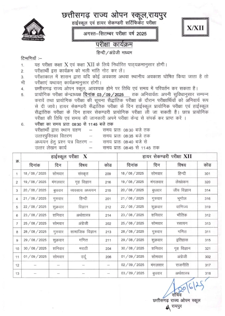 CG Open School Time Table 2025
