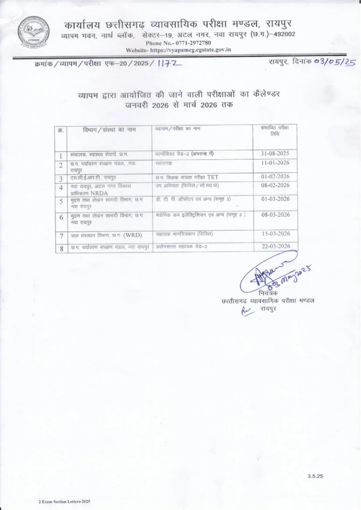 CG Vyapam Exam Calendar 2026